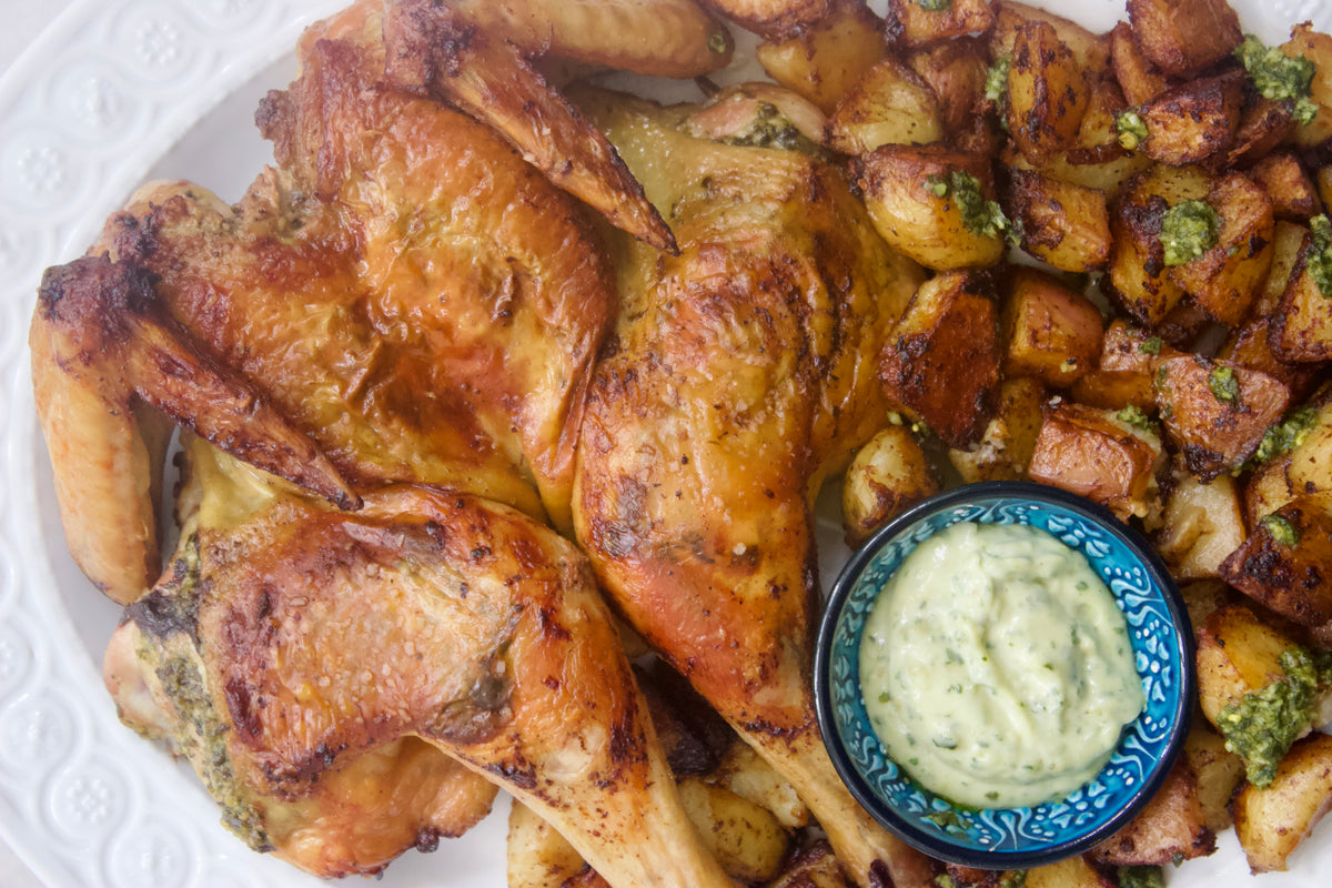 Spatchcock Chicken with Pesto & Potatoes – Foxhollow Farm